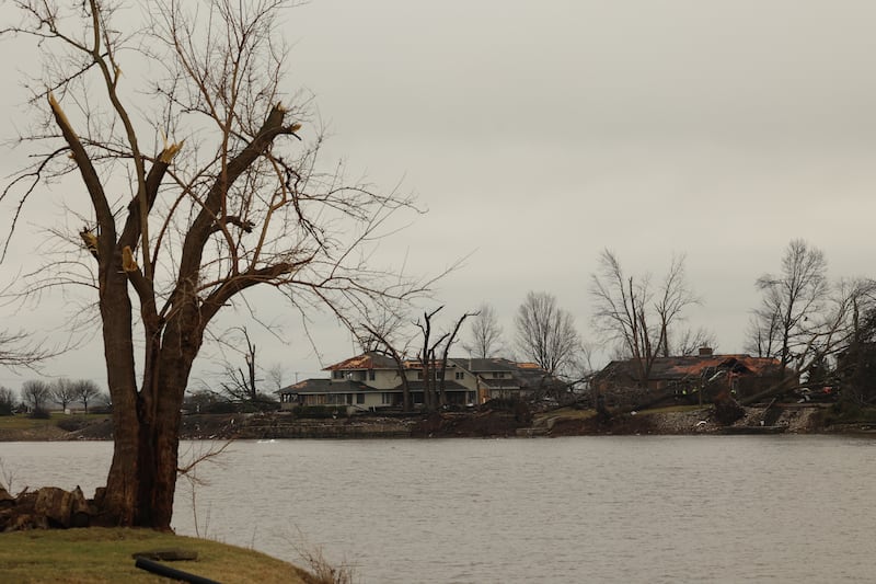 Damage is seen across the Kankakee River along River Road on March 11, 2026 following a March 10 tornado that passed through Kankakee County.