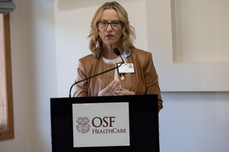 OSF Saint Katharine President Jackie Kernan speaks during the blessing and dedication of a new Sterling clinic Wednesday, Oct. 8, 2025.