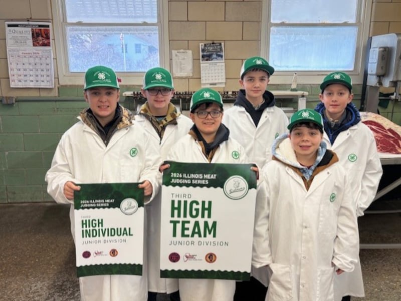 Marshall-Putnam County 4-H Junior Meats Judging Team members, front row from left: Hunter Heckman, Raylen Campbell, Davin Cioni; back row from left: Karson Actis, Chase Hattan, Carter Keller. The team placed third overall in its first two competitions of the Illinois Meat Series.
