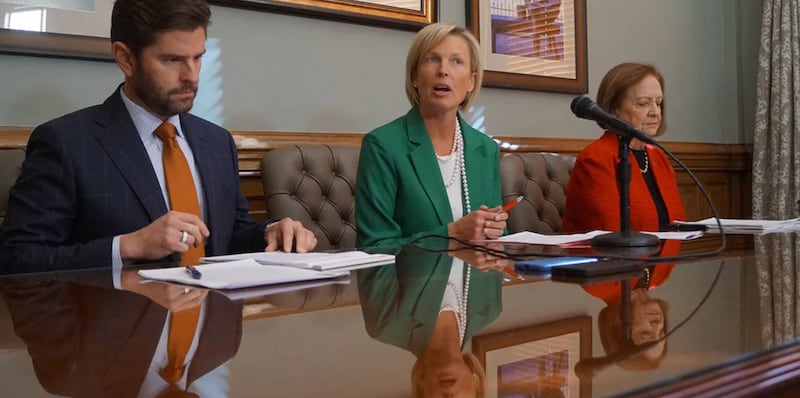 House Minority Leader Tony McCombie, center, R-Savanna, is joined by Reps. Ryan Spain, R-Peoria, and Norine Hammond, R-Macomb, at a news conference Wednesday Feb. 18, 2026, following Gov. JB Pritzker’s budget address.