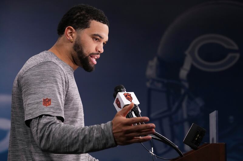 Chicago Bears quarterback Caleb Williams talks to media at a news conference after NFL football practice in Lake Forest, Ill., Wednesday, May 28, 2025. (AP Photo/Nam Y. Huh)