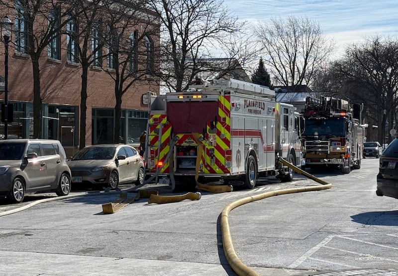 The Plainfield Fire Protection District at the scene of a fire in the downtown business district of Plainfield on Wednesday, Jan. 28, 2026.
