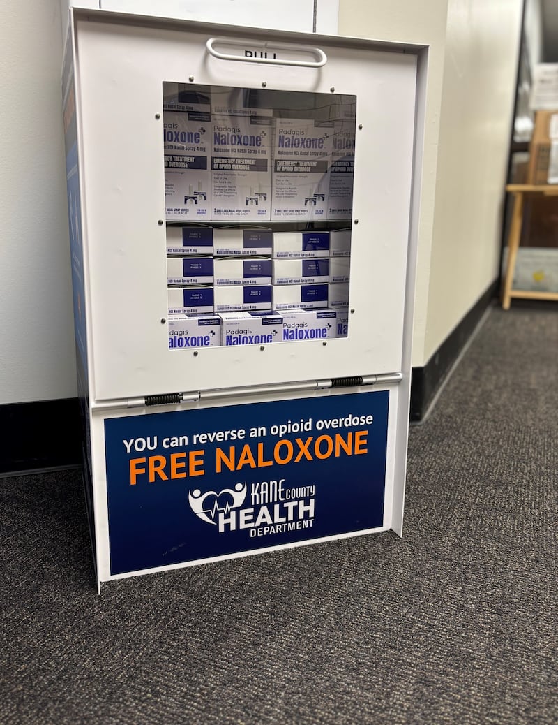 A free naloxone dispenser inside Building A at the Kane County Government Center, 719 S. Batavia Ave., Geneva. The Kane County Health Department partnered with community groups to provide free naloxone in dispensing boxes to help save lives by reversing opioid overdoses.