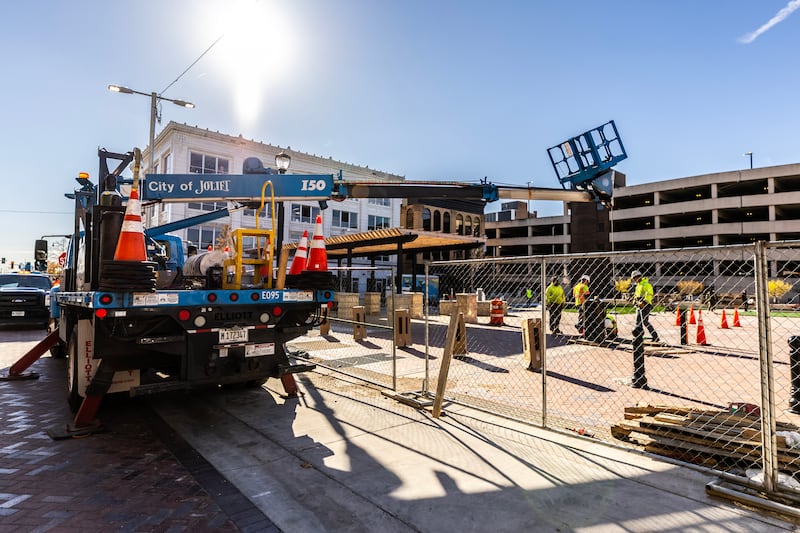 Construction continues on the city square project in Downtown Joliet on Nov. 13, 2025.