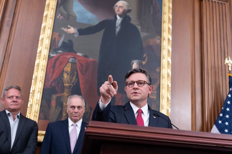 Speaker of the House Mike Johnson, R-La., gives reporters an optimistic outlook to passing President Donald Trump's big tax and immigration bill by July 4th, during a news conference at the Capitol in Washington, Tuesday, June 24, 2025. (AP Photo/J. Scott Applewhite)