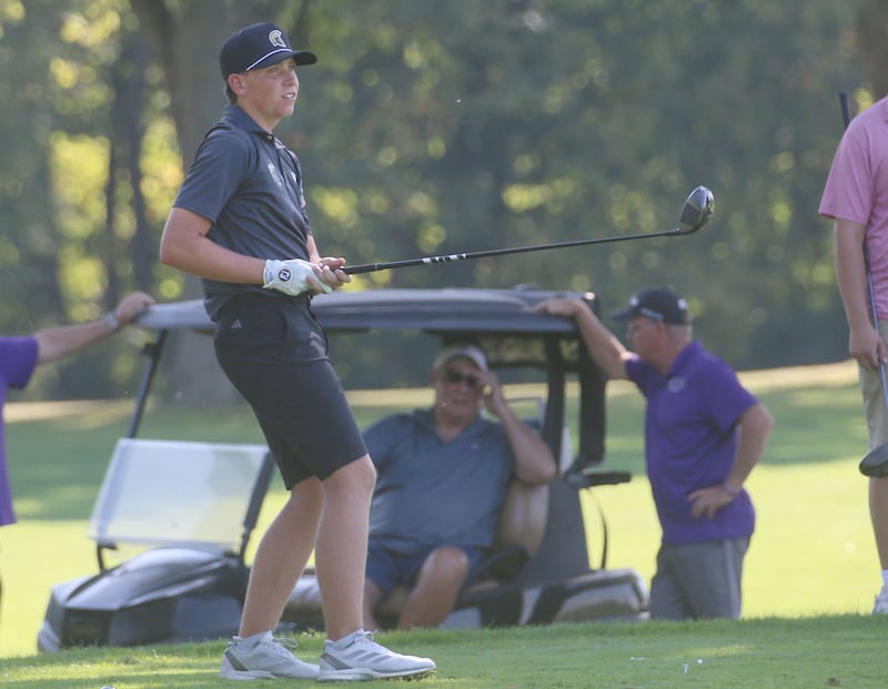 Syacmore's Gavin Sedevie tees off during the Pirate Invitational on Monday, Sept. 15, 2025 at Deer Park Golf Club in Oglesby.