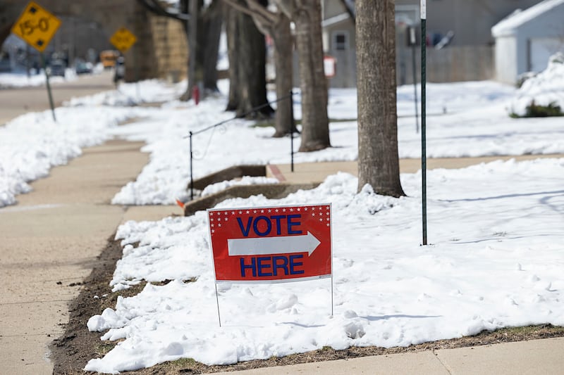 A sign outside of the Loveland House in Dixon directs voters Tuesday, March 17, 2026. Election judges saw slow voter turnout for this March primary.