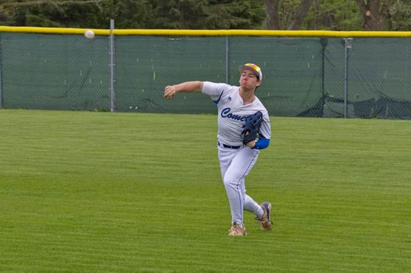 Newman right fielder Ashton Miner fires home to prevent a Sherrard run from scoring on Friday, May 2, 2025 in Sterling.