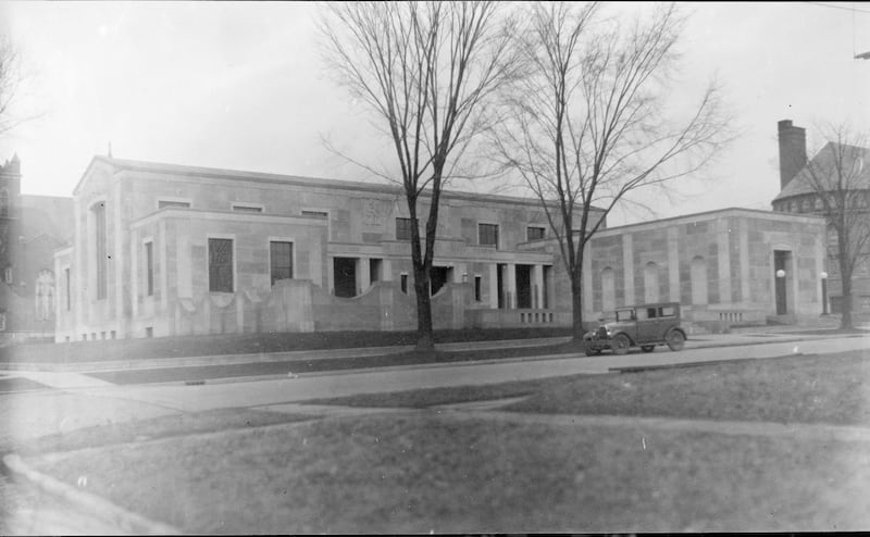 The Haish Memorial Library in DeKalb, looking northeast from 3rd and Oak streets, around the time of the building's dedication in 1931.