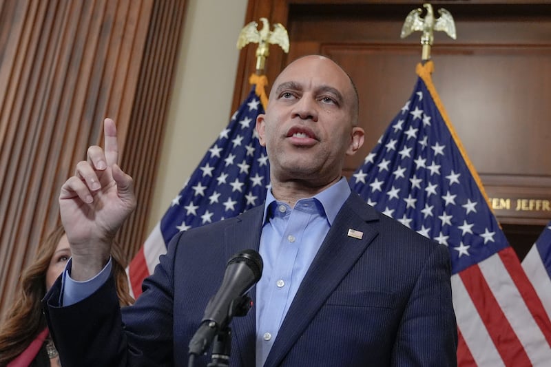 House Minority Leader Hakeem Jeffries, D-N.Y., speaks during a news conference on Capitol Hill, Tuesday, Oct. 21, 2025, in Washington. (AP Photo/Mariam Zuhaib)