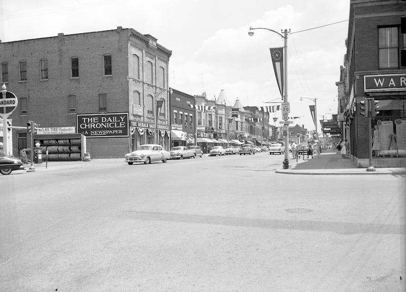 Looking east on Lincoln Highway decorated to celebrate the DeKalb Centennial, 1956.