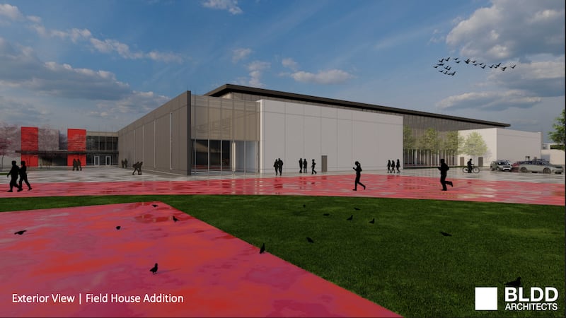 A rendering from BLDD Architects shows the exterior view of the field house addition planned for BBCHS. The rendering was part of a schematic design presentation on June 24, 2025.