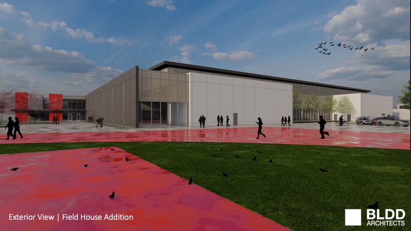 A rendering from BLDD Architects shows the exterior view of the field house addition planned for BBCHS. The rendering was part of a schematic design presentation on June 24, 2025.