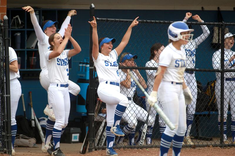 St. Charles North's bench celebrates during a game against Lake Park on Wednesday, April 30, 2025 in St. Charles.