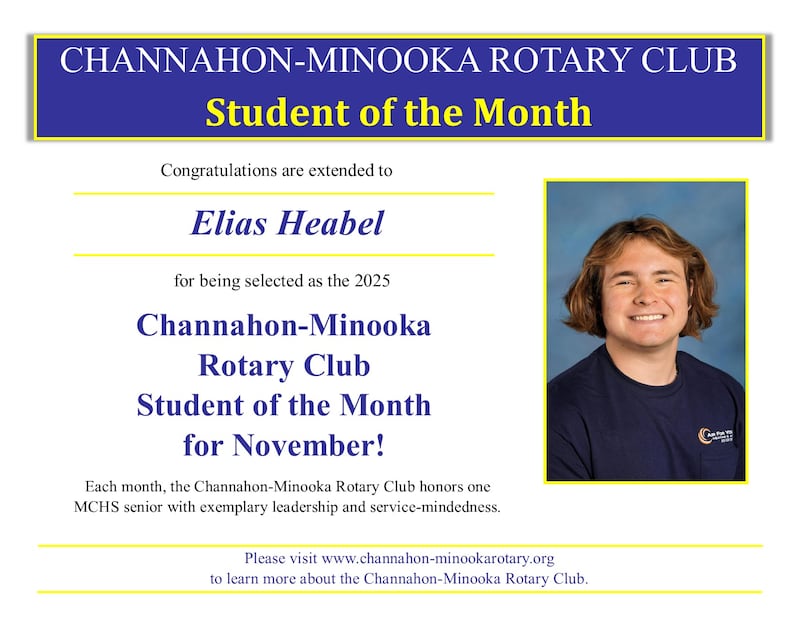 Elias Heabel, the Channahon-Minooka Rotary Student of the Month for November.
