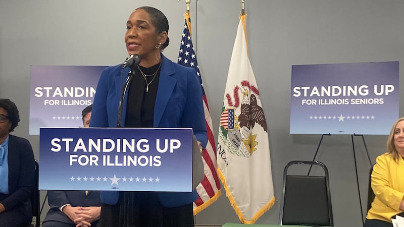 Lt. Gov. Juliana Stratton speaks at the Standing Up For Illinois tour at the Ovation Center in Romeoville on Thursday, March 20, 2025.