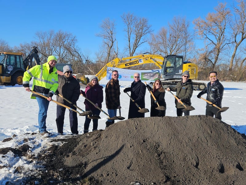 From left to right: Joshua Schmitt, Ravi Jayaraman, Sylwia Kokoszka, Kevin Aronson, Mayor Mark Kownick, Trustee Ellen McAlpine, Trustee David Prusina and Village Administrator Erik Morimoto celebrate the groundbreaking of a new well and water treatment facility on Dec. 4, 2025 in Cary.