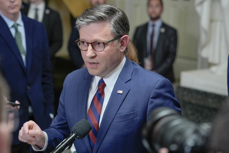 Speaker of the House Mike Johnson, R-La., speaks during a news conference on Capitol Hill, Friday, March 27, 2026, in Washington. (AP Photo/Mariam Zuhaib)