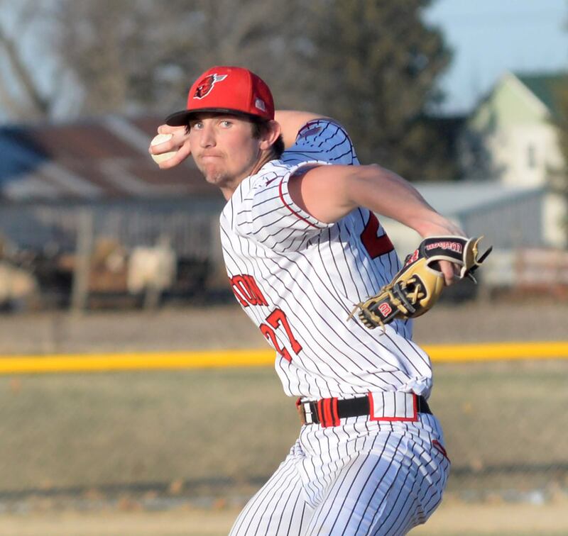 Forreston's Alec Schoonhoven pitches in relief against Warren/Stockton on Friday, March 28, 2025 in Forreston.