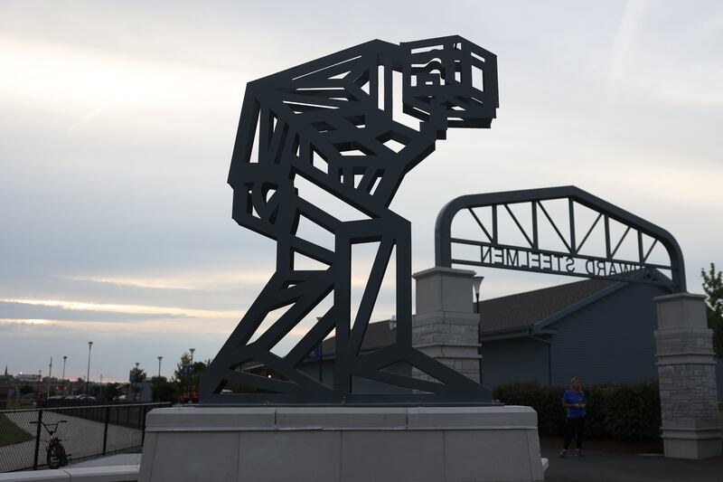 A new statue of the Joliet Central Steelman greets fans at the newly renovated stadium on Tuesday, Sept. 5, 2023 in Joliet.