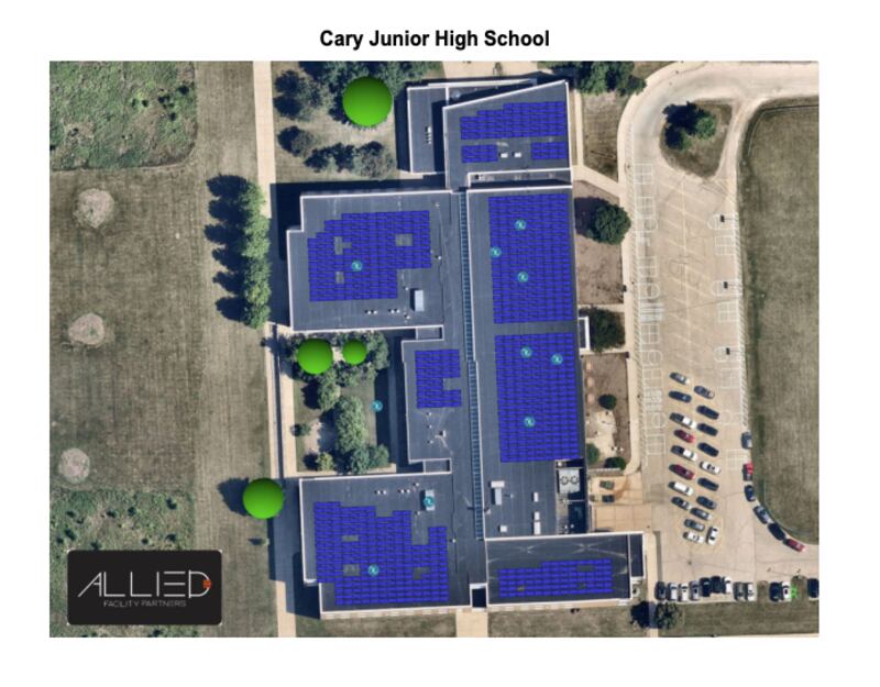 A proposed layout of solar panels to be placed on the roof of Cary District 26's Cary Junior High School by Allied Facility Partners.