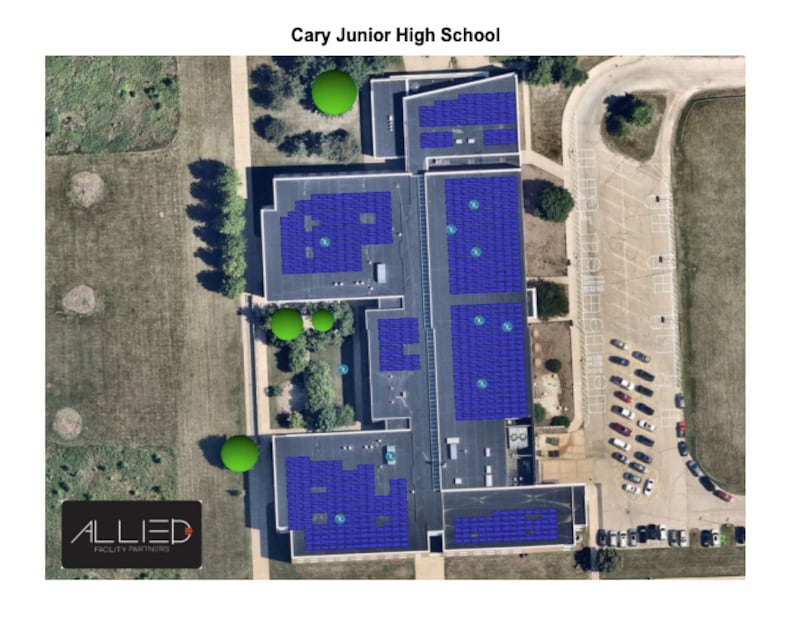 A proposed layout of solar panels to be placed on the roof of Cary District 26's Cary Junior High School by Allied Facility Partners.