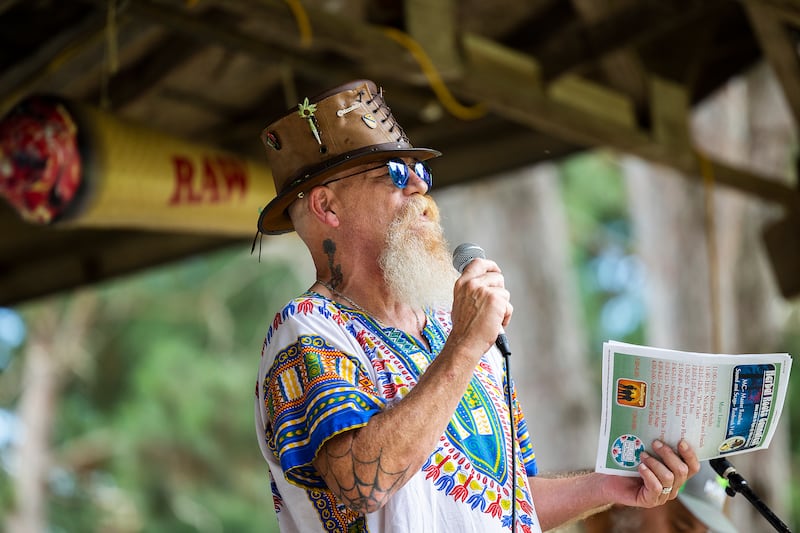 MC Master Roachee introduces the next act Friday, June 27, 2025, from the stage at Herbal Root’s CannaFest. Organizers “Chelsey and Guy Cooksey got the vibe right at this festival,” said Roachee. “This is my favorite festival of the year.”