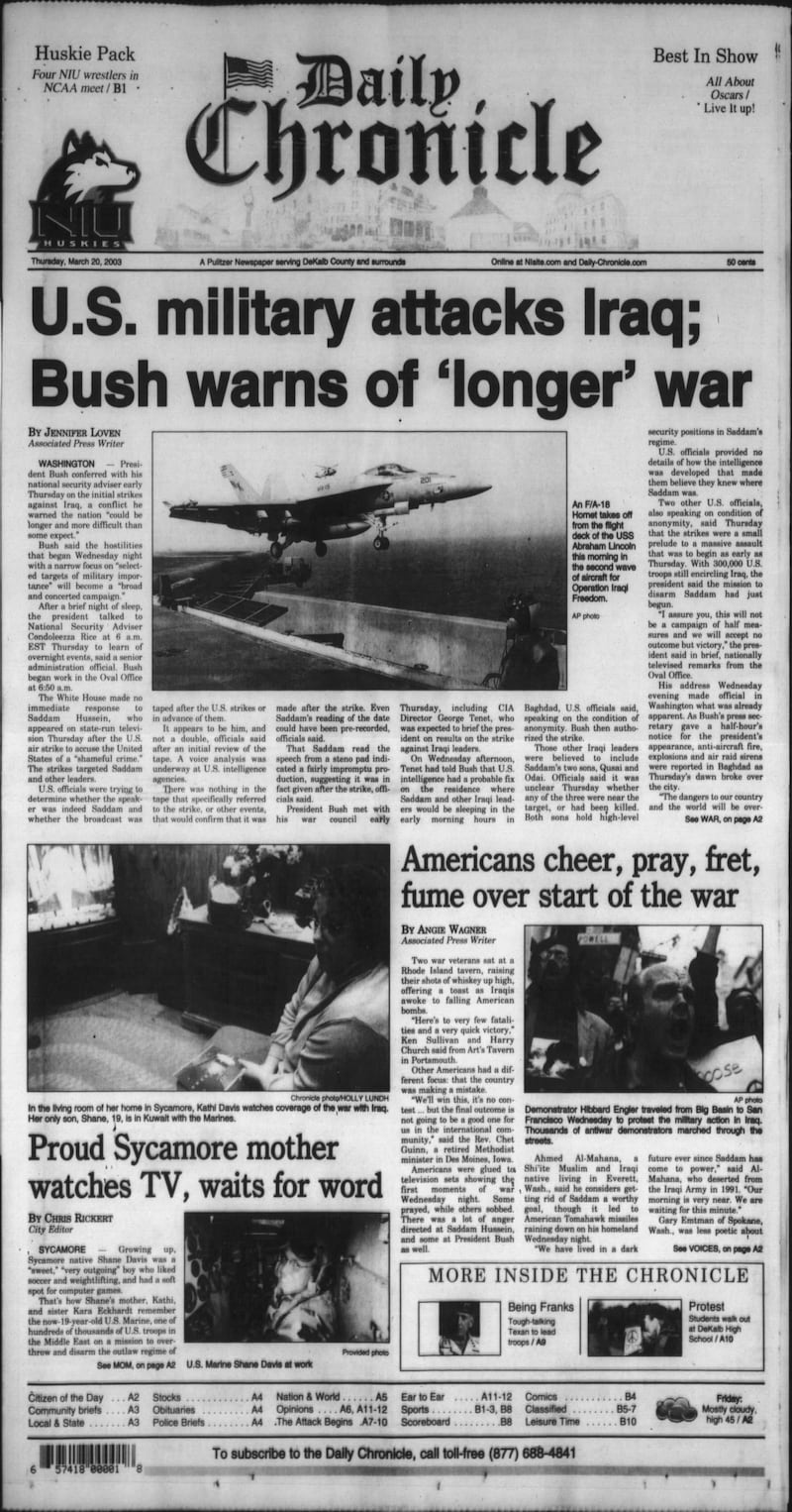 The cover of the Daily Chronicle for March 20, 2003