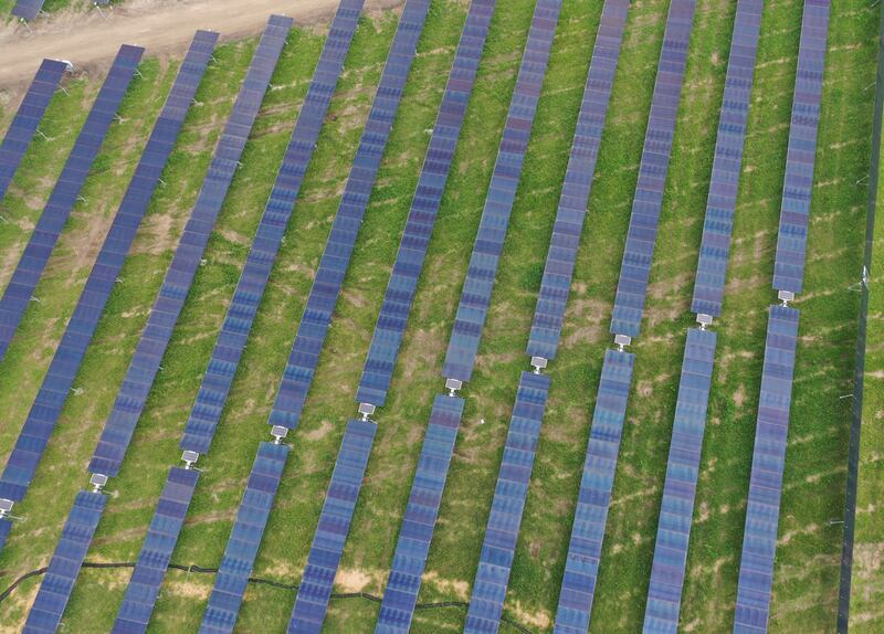 An aerial view of a solar farm located near the intersection of Vine Street and Ottawa Avenue on Wednesday, May 14, 2025 between Naplate and Ottawa.