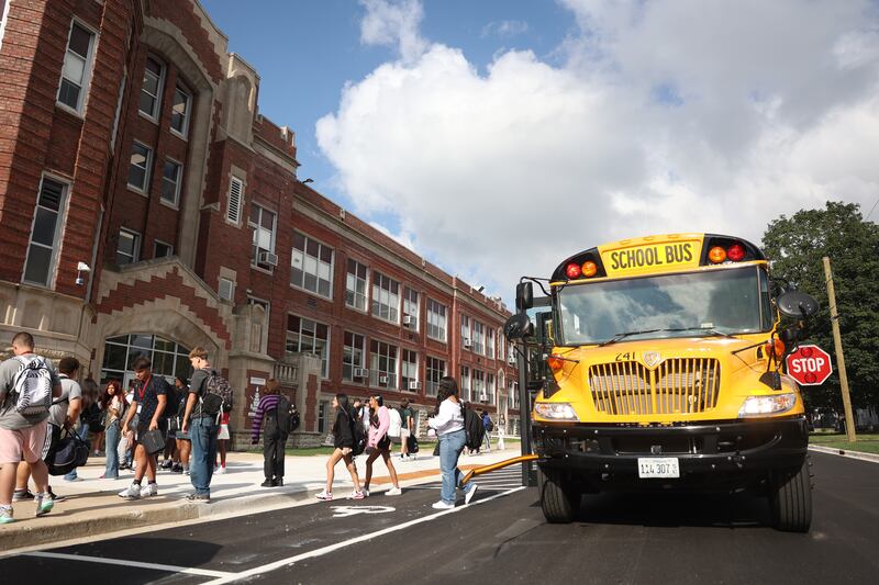Students arrive at Lockport Township High School Central Campus for the first day of the new school year on Monday, Aug. 19, 2024.