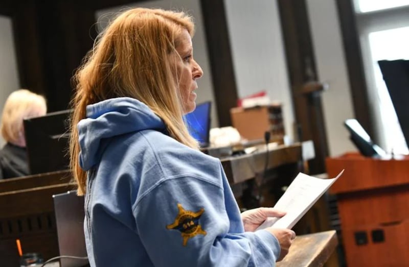 Kathleen Rittmanic-Emme, sister of fallen Bradley Police Sgt. Marlene Rittmanic, gives her victim impact statement on Tuesday during Darius Sullivan's sentencing for the December 2021 killing of Sgt. Rittmanic and the attempted murder of now-retired Sgt. Tyler Bailey. Sullivan was found guilty by a jury in September.