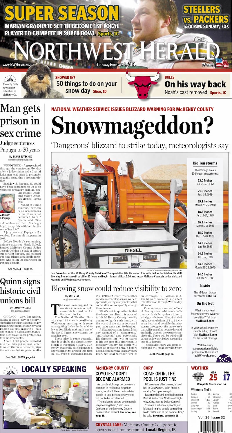 The cover of the Northwest Herald for Feb. 1, 2011