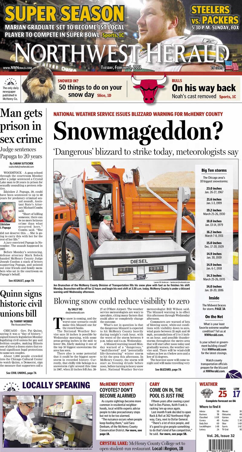 The cover of the Northwest Herald for Feb. 1, 2011