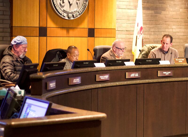 Joliet Board of Fire and Police Commissioners Herb Lande (left), Tomas Ponce, Quinn Adamowski, and John Stefanski at a meeting on Wednesday, Feb. 12, 2025, at Joliet City Hall.