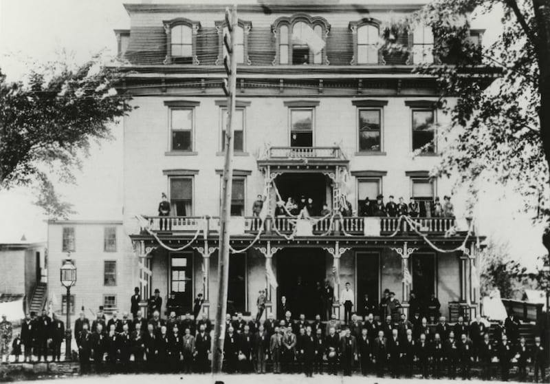 This rare 1883 photo of a reunion of the 13th Illinois Infantry Regiment, which trained in Dixon, shows the wide veranda that became a popular platform for speakers and performances.