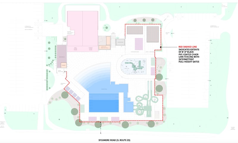 Site plans for the new Hopkins Pool in DeKalb, presented by architect Stephen Nelson to the DeKalb Planning and Zoning Commission on Monday, May 19, 2025. Nelson is CEO of Larson and Darby Group, the architectural firm that was contracted by the DeKalb Park District.