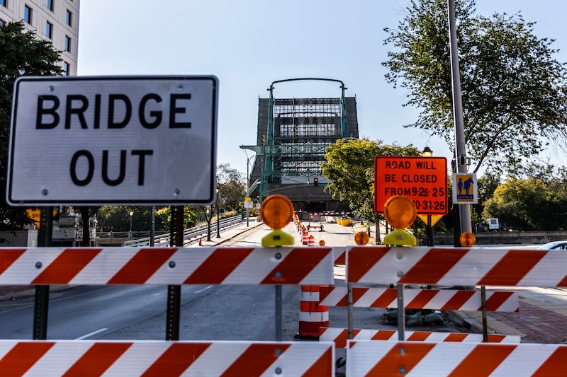 Construction continues to close-off the Cass Street Bridge in Joliet on Sept. 29, 2025.