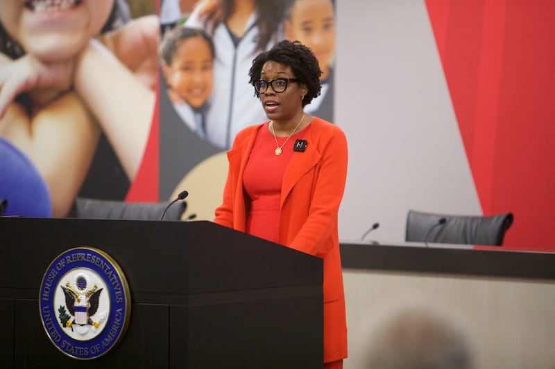 U.S. Rep. Lauren Underwood, D-Naperville, speaks at a town hall at East Aurora School District 131 on Saturday, Aug.9, 2025, in Aurora.
