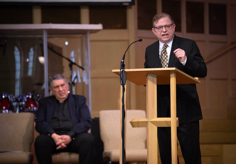 Keynote Speaker Rev. Robert Bushey Jr. speaks during the annual Dr. Martin Luther King Jr. Ecumenical Service at Olivet Nazarene University's College Church on Monday, January 19, 2026.