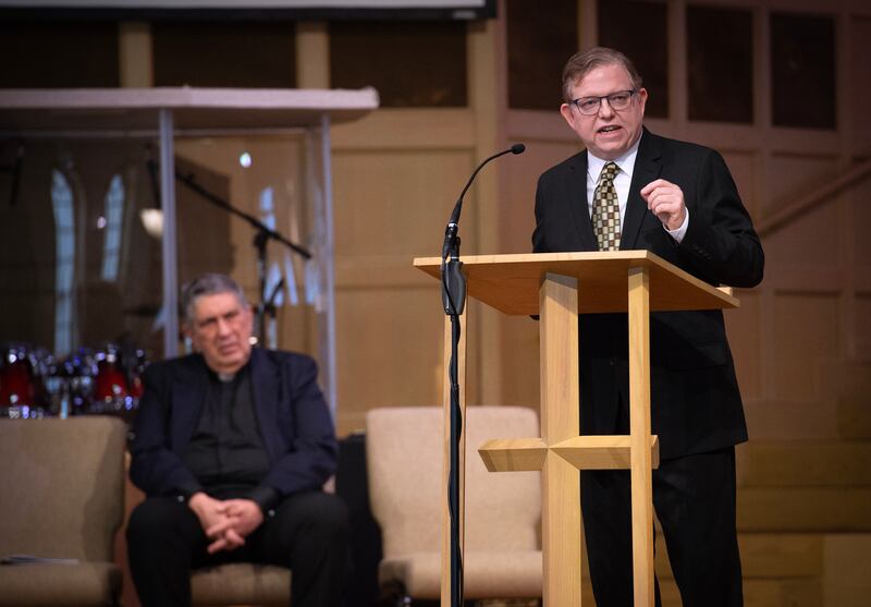 Keynote Speaker Rev. Robert Bushey Jr. speaks during the annual Dr. Martin Luther King Jr. Ecumenical Service at Olivet Nazarene University's College Church on Monday, January 19, 2026.