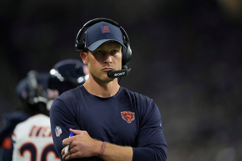 Chicago Bears head coach Ben Johnson watches from the sidelines during the first half of an NFL football game against the Detroit Lions in Detroit, Sunday, Sept. 14, 2025. (AP Photo/Ryan Sun)