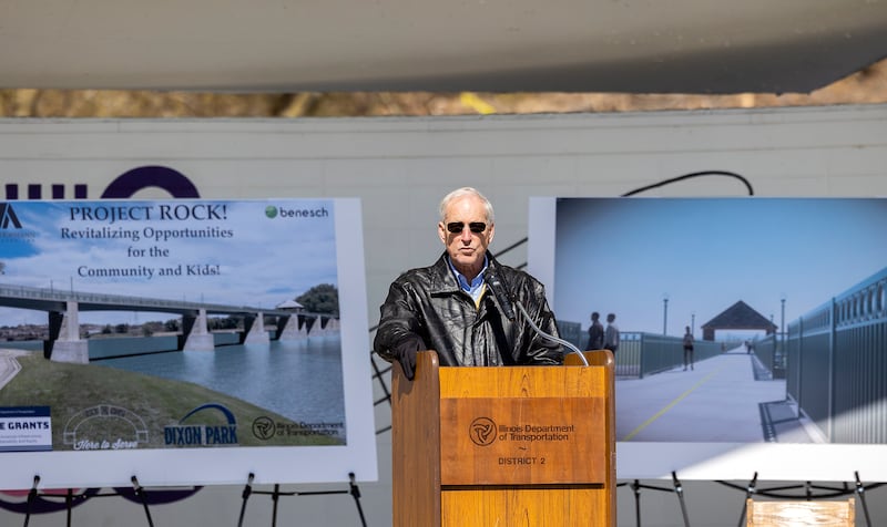 Dixon mayor Glen Hughes heaps praise on some of the visionaries who helped get Project Rock to this phase during a speech Tuesday, April 8, 2025. The building of a pedestrian bridge and path extension is underway at Page Park in Dixon.