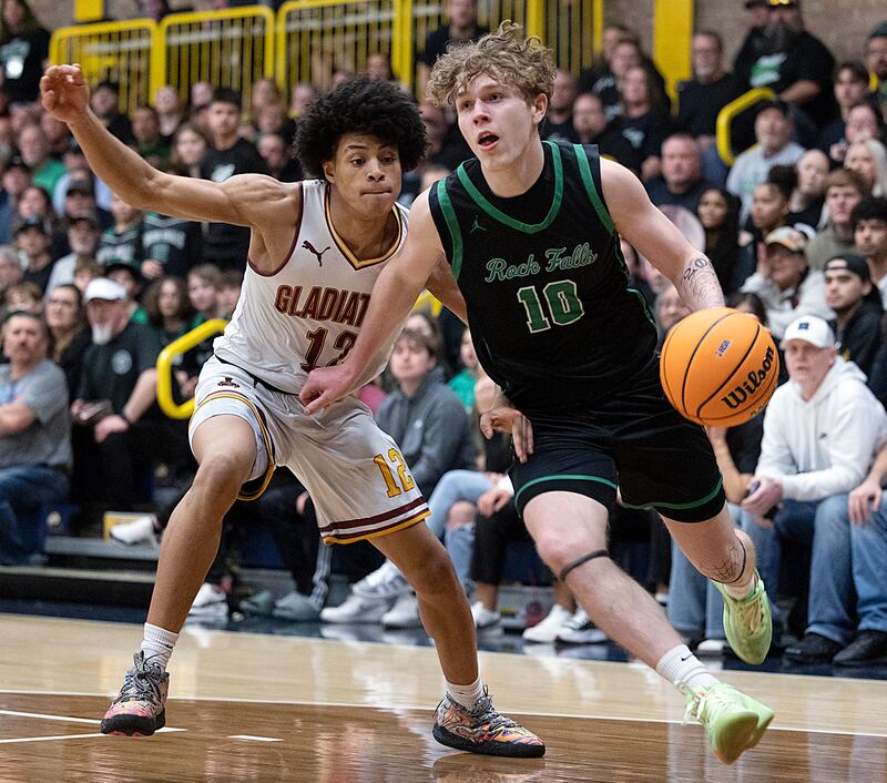 Rock Falls’ Kuitim Heald drives to the hoop against Christ the King’s Matthew Harland Monday, March 10, 2025, during the Class 2A boys basketball Supersectional in Sterling.