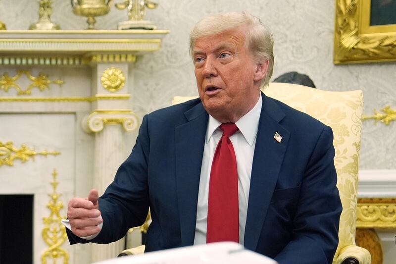 President Donald Trump speaks during a meeting with NATO Secretary General Mark Rutte in the Oval Office of the White House, Monday, July 14, 2025, in Washington. (AP Photo/Evan Vucci)