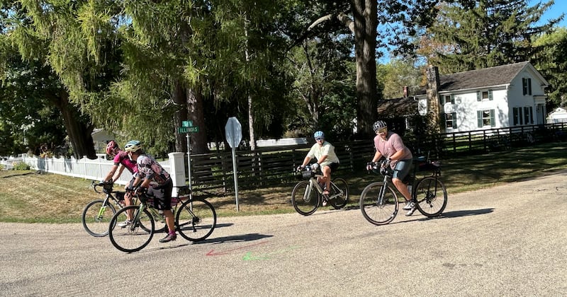 Bicyclists head out from the rest stop at the John Deere Historic Site during the 10th annual TOSOC (Tour of Scenic Ogle County) on Saturday, Sept. 27, 2025.