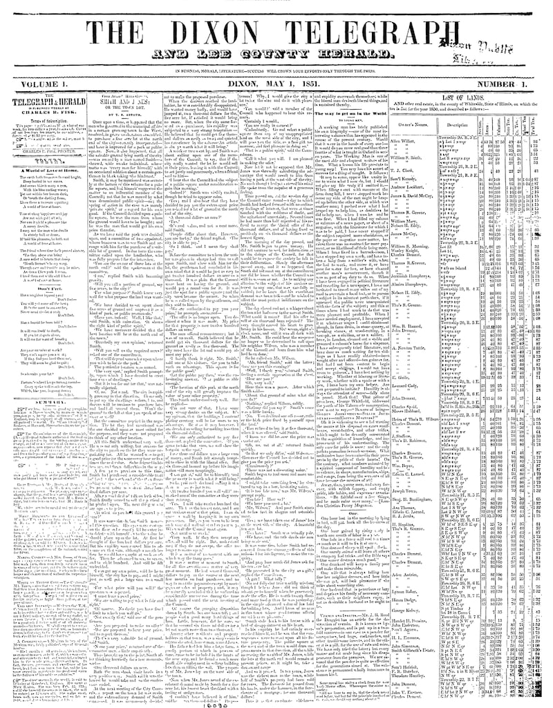 The front page of the first Telegraph to come off the press, dated May 1, 1851, is pictured.