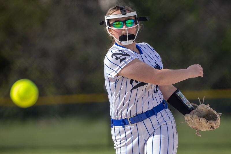 Newark pitcher Dottie Wood rifles a strike across the plate against a Serena High School batter during the game earlier this season at Newark High School.