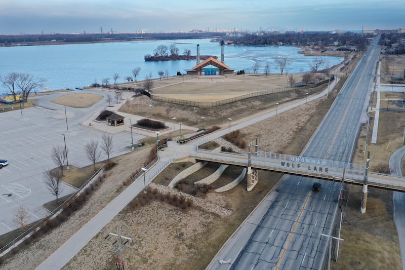 An aerial view of the Wolf Lake Memorial Park in the 2300 block of Calumet Avenue is a potential site of the new Chicago Bears stadium on Saturday, Feb. 21, 2026 in Hammond Ind.