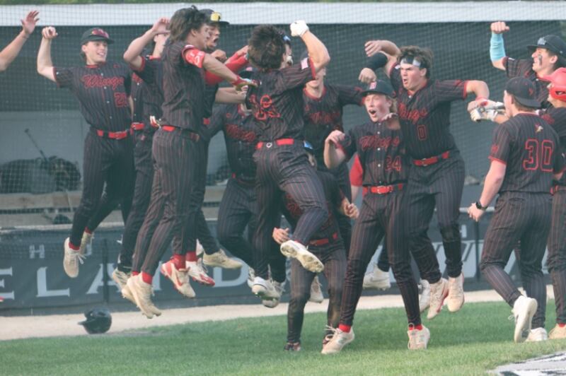 Benet's Merrick Sullivan celebrates with teammates after hitting a home run against Burlington Central at the Class 3A Kaneland Sectional Semi Final on Thursday, June 5, 2025 in Maple Park.