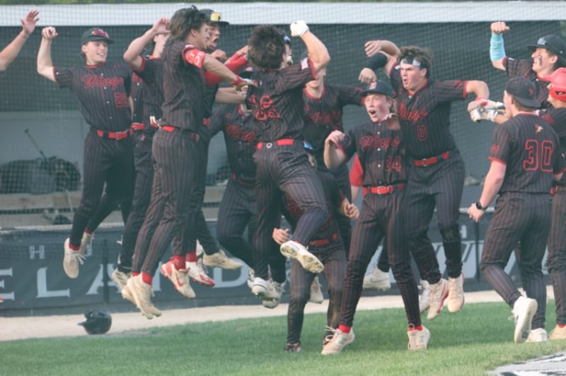Benet's Merrick Sullivan celebrates with teammates after hitting a home run against Burlington Central at the Class 3A Kaneland Sectional Semi Final on Thursday, June 5, 2025 in Maple Park.